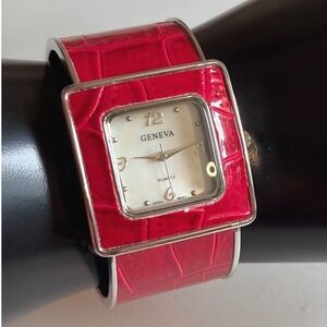 Geneva Women Red Faux Croc Cuff Watch Square Mother of‎ Pearl Dial Quartz